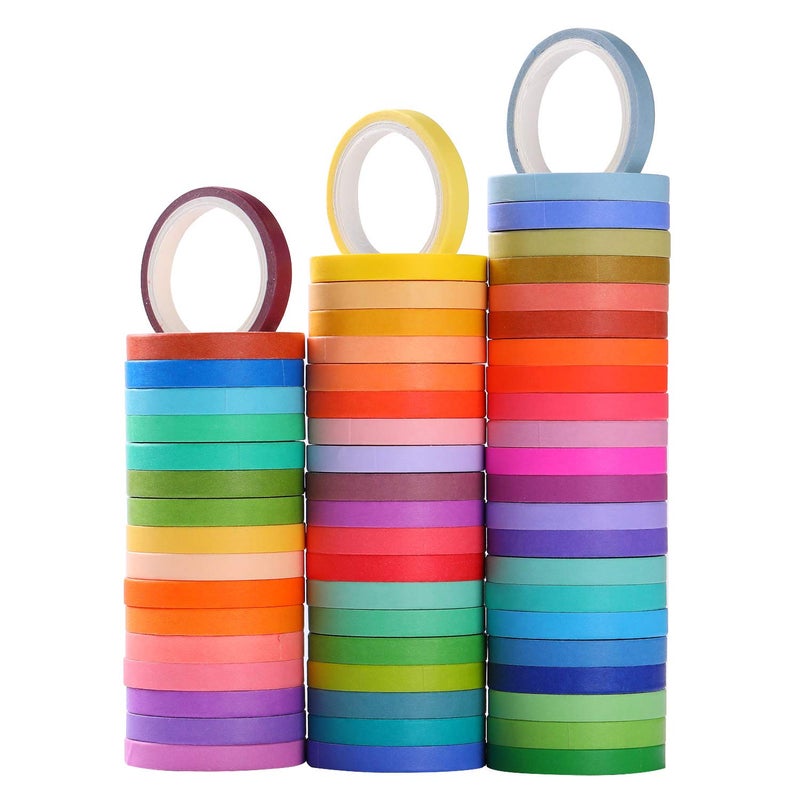 مجموعة شريط إخفاء WAPETASHI Washi 60 لفة 5 مم (0.2 بوصة) مجموعة أشرطة تزيينية واسعة لسجل القصاصات DIY الحرف اليدوية لمخططي تغليف الهدايا